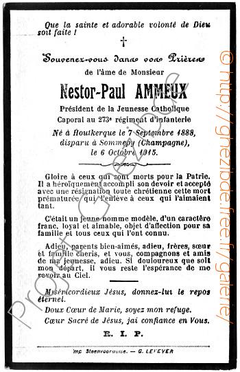 Nestor Paul AMMEUX (victime de guerre), décédé à Sommepy, le 06 Octobre 1915 (27 ans).